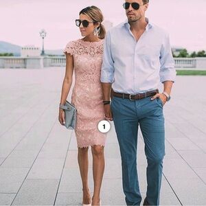 Tadashi Shoji Pink Corded Embroidery on Tulle Cap Lace Cocktail Party Dress sz 8